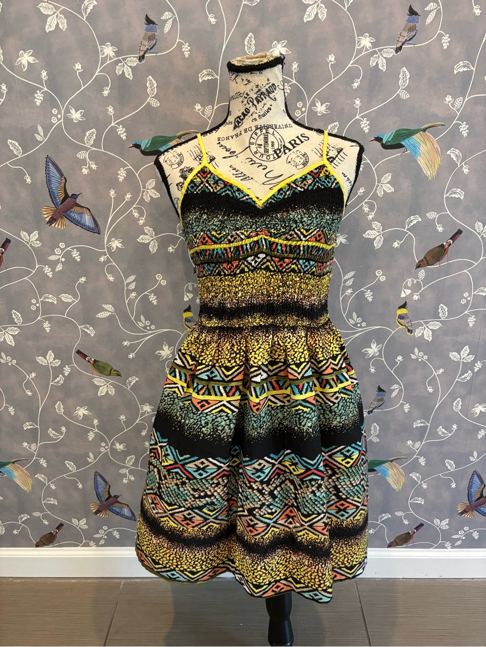 Band of Gypsies Multicolor Tribal Mini smocked dress neon yellow & black women M